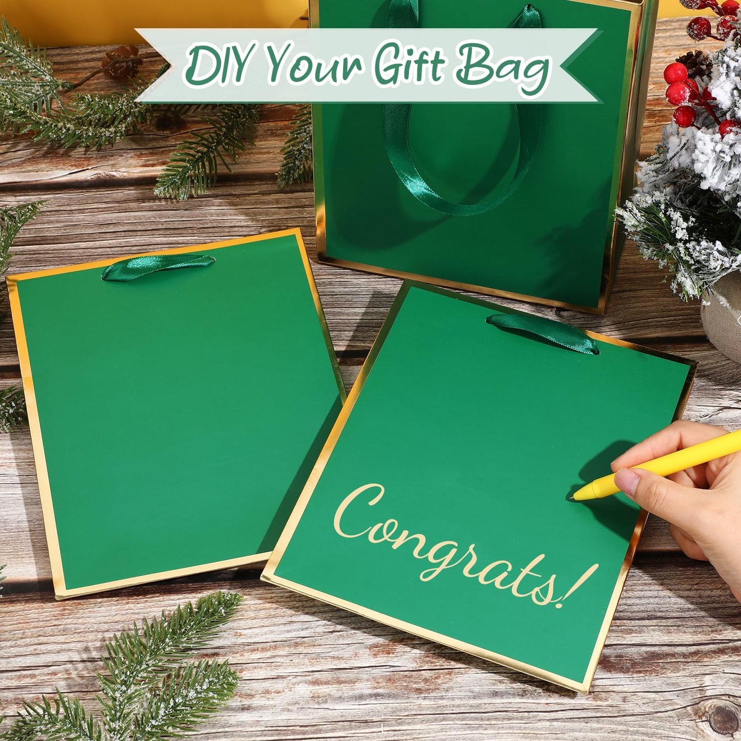 Yeaqee 24 Pack Metallic Paper Gift Bags with Handle and Tissue 9x7x3.1 Gold Foil Welcome Thank You Favor Bags Return Gifts for Wedding Mothers Graduation Bridesmaid Birthday(Green Gold)