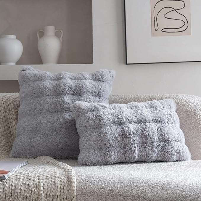 Neelvin Gray Faux Fur Cozy Soft Double-Sided Decorative Throw Pillow Covers 24x24 inch Set of 2,Velvet Pillowcase Cushion Case for Sofa Couch