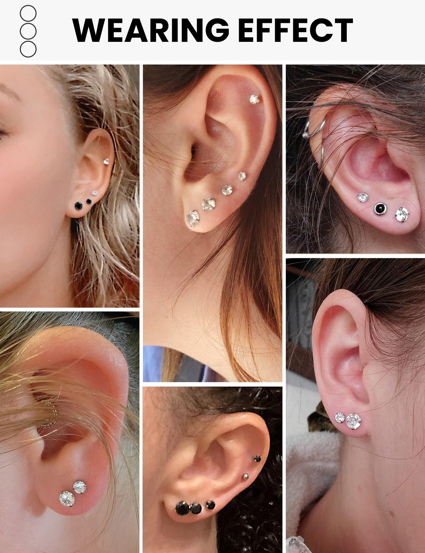 Wssxc 12 Pairs Silver Surgical Steel Earrings, Stud Design, Hypoallergenic, Cubic Zirconia, 3mm-8mm