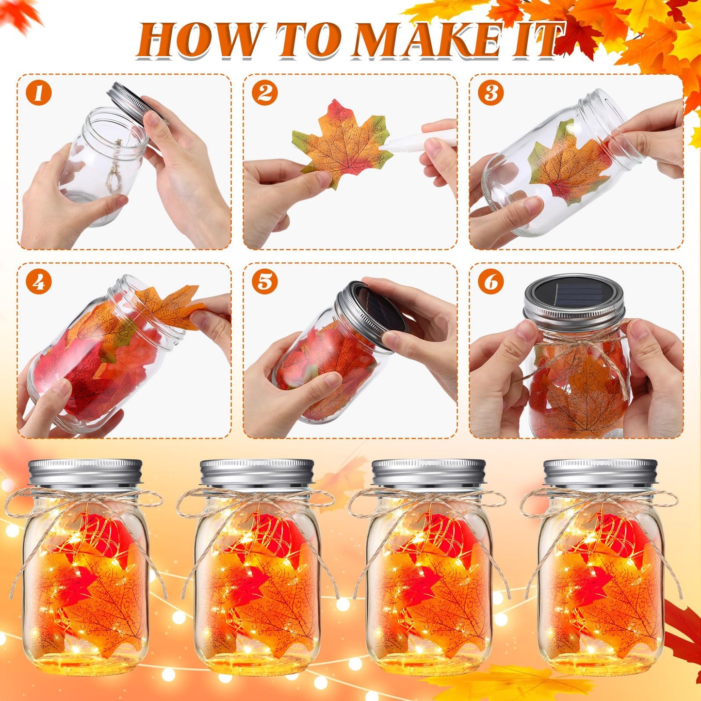 LemonRoad 2 Sets Thanksgiving DIY Craft Kit DIY Glass Mason Jar Solar Lanterns Fall Maple Leaf Table Centerpieces Decoration with Rope Brush Glue for Autumn Party Decor Classroom Activities Crafts