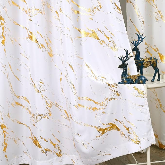 Taisier Home Gold Foil Print Linen Textured Curtains - Geometric Marble Pattern Design for Living Room - Thermal Insulated Window Treatment, 2 Panels, 84" L, Off White and Gold