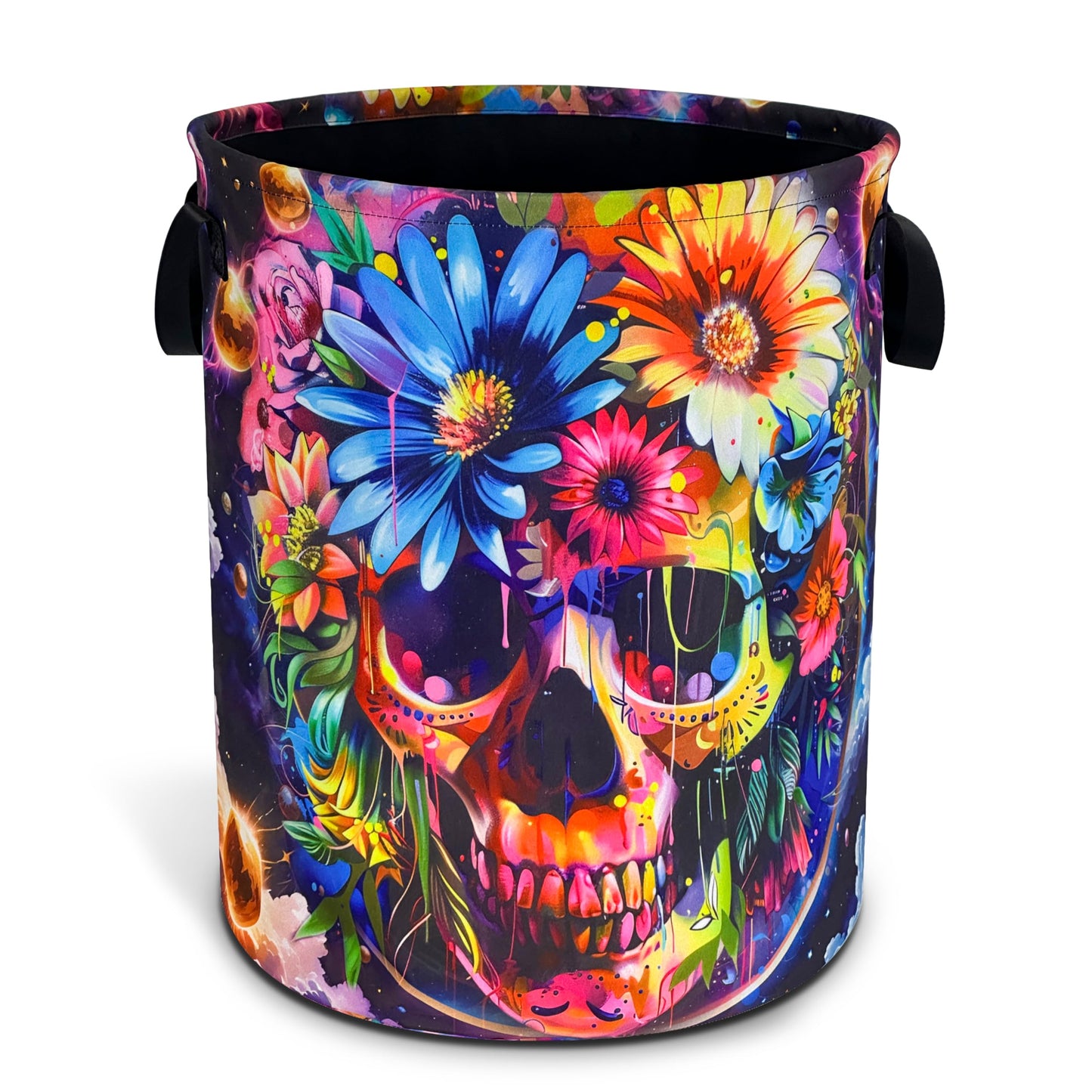 Skull Flowers Laundry Basket Oxford Cloth Funny Skeleton Laundry Hamper With Handle Foldable Portable Clothes Storage Basket 18.9 X 16.5 In Storage Bag For Laundry Room/Bathroom/Bedroom/Dormitories