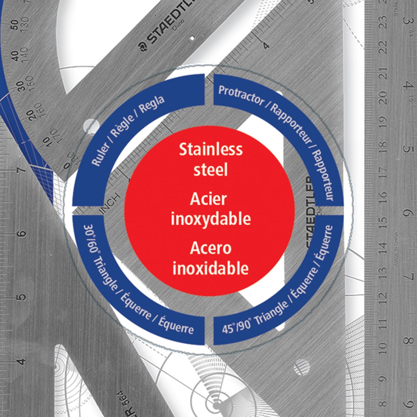 STAEDTLER Stainless Steel Math Set - With 12in Ruler, 2 Triangle Set Squares (45/90° & 30/60°), 6in Protractor - Precision Drawing & Drafting