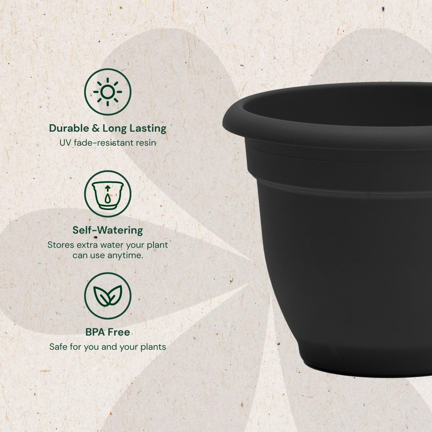Bloem Ariana 12" Self-Watering Plastic Planter - Rolled Rim Indoor/Outdoor Garden Pot, Black, 2-Pack