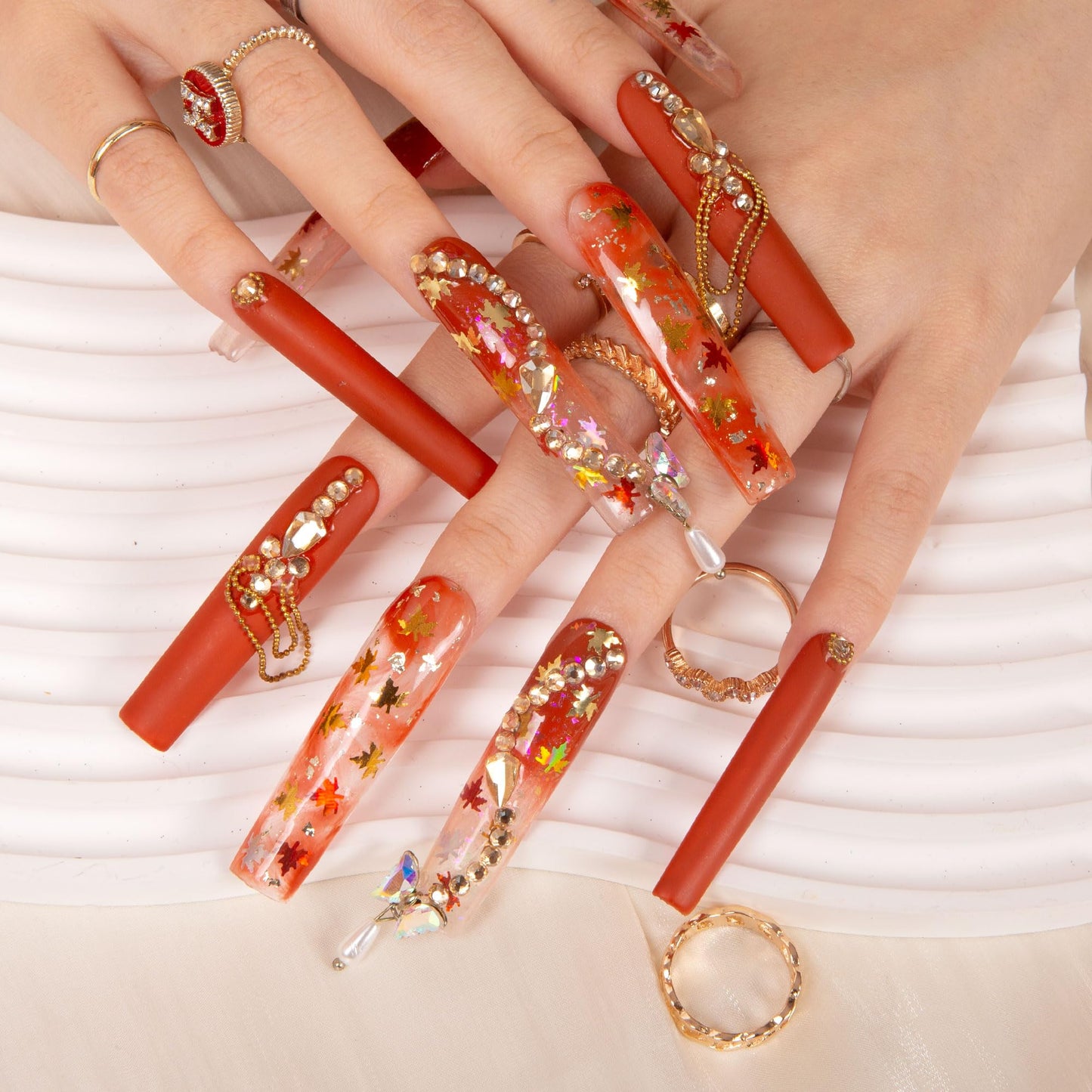 LOVFUL Press on Nails Fall | Handmade with Full Covered Crystals | Reusable Full Cover Nails | Square Long 2.2 in | H77-S