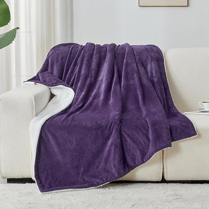 SOCHOW Waffle Sherpa Fleece Throw Blanket, Super Soft Fuzzy Warm, Lightweight Fluffy Reversible Plush Blanket for Bed Sofa Couch, 50 x 60 Inches Dark Purple