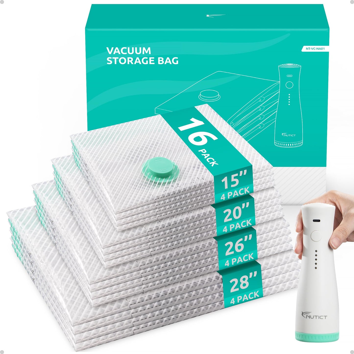 NUTICT 16 Pack Vacuum Storage Bags for Travel, 2000mAh Rechargeable Wireless Air Pump, Long-Term Reusable Vacuum Seal Bag for Clothes & Blankets, Compression Space Saver for Luggage and Suitcase