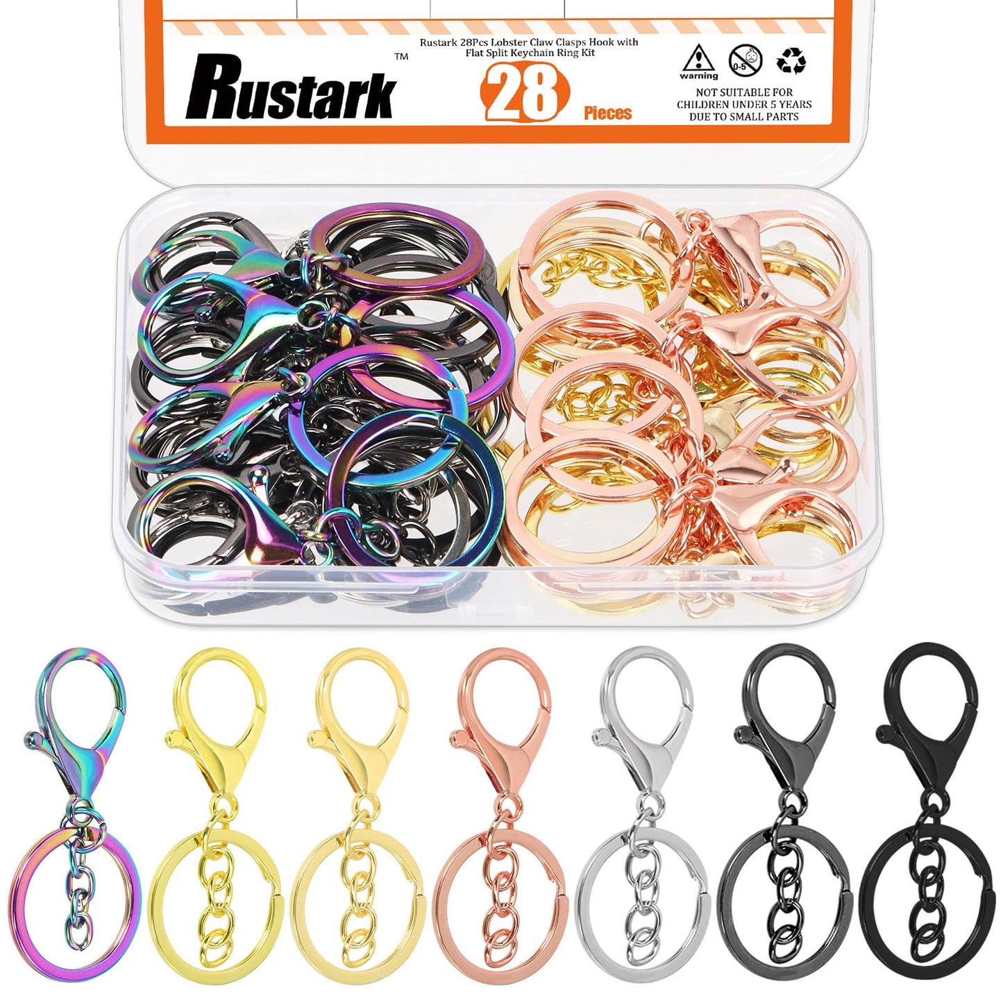Rustark 28Pcs 7 Colors Lobster Claw Clasp Keychain Set Swivel Snap Hooks with Key Chain Rings Swivel Trigger Clips with Flat Split Ring Keychain Making Kit for DIY Craft Jewelry Making