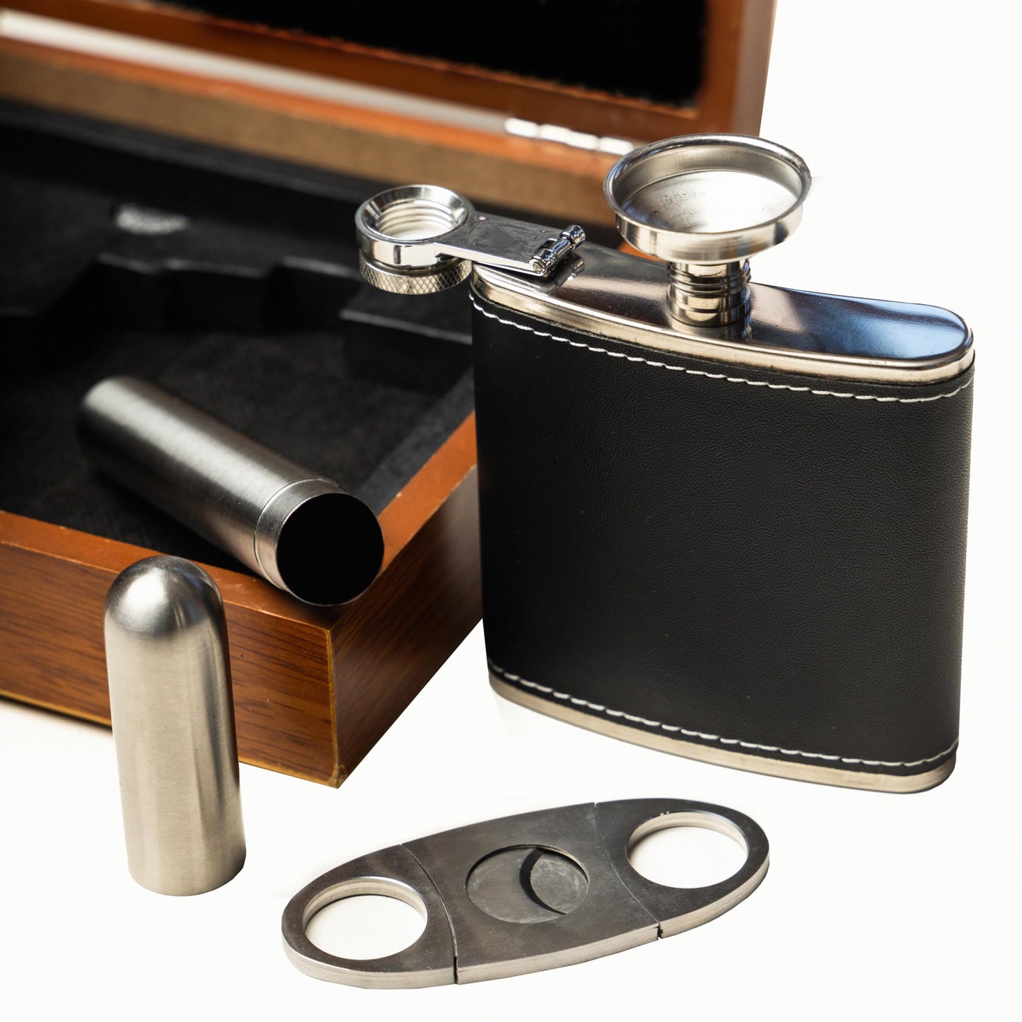 Flask Gift Set for Men – Stainless Steel Hip Flask with Funnel, Cutter & Case in Elegant Wooden Box – Perfect for Whiskey Lovers, Groomsmen, Gifts & Special Occasions