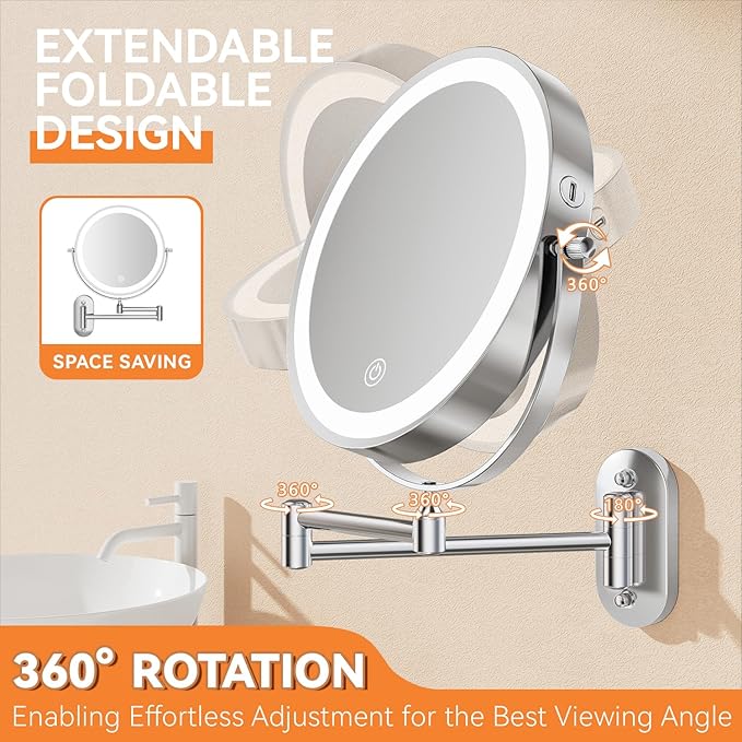 Auxmir 1X/20X Wall Mounted Makeup Mirror with Light, 8" Rechargeable Double-Sided Magnifying Mirror, Vanity Mirror Dimmable 3 Color Light, 360° Extension Rotation Foldable 14.5 Inch Arm, Chrome
