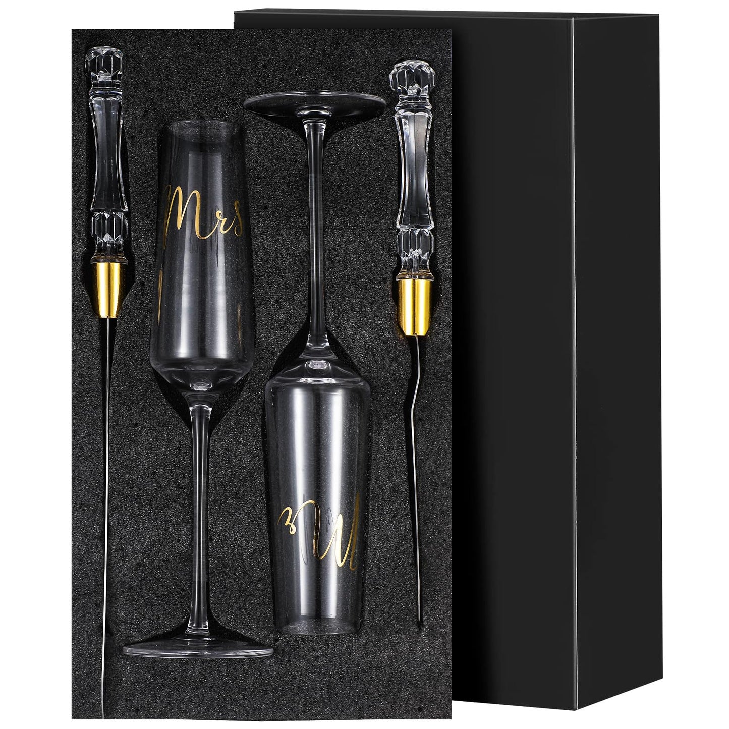 Boao 4 Pieces Wedding Toasting Flutes and Cake Server Set Wedding Reception Supplies Champagne Glasses Cake Knife Pie Server (Gold,Classic)