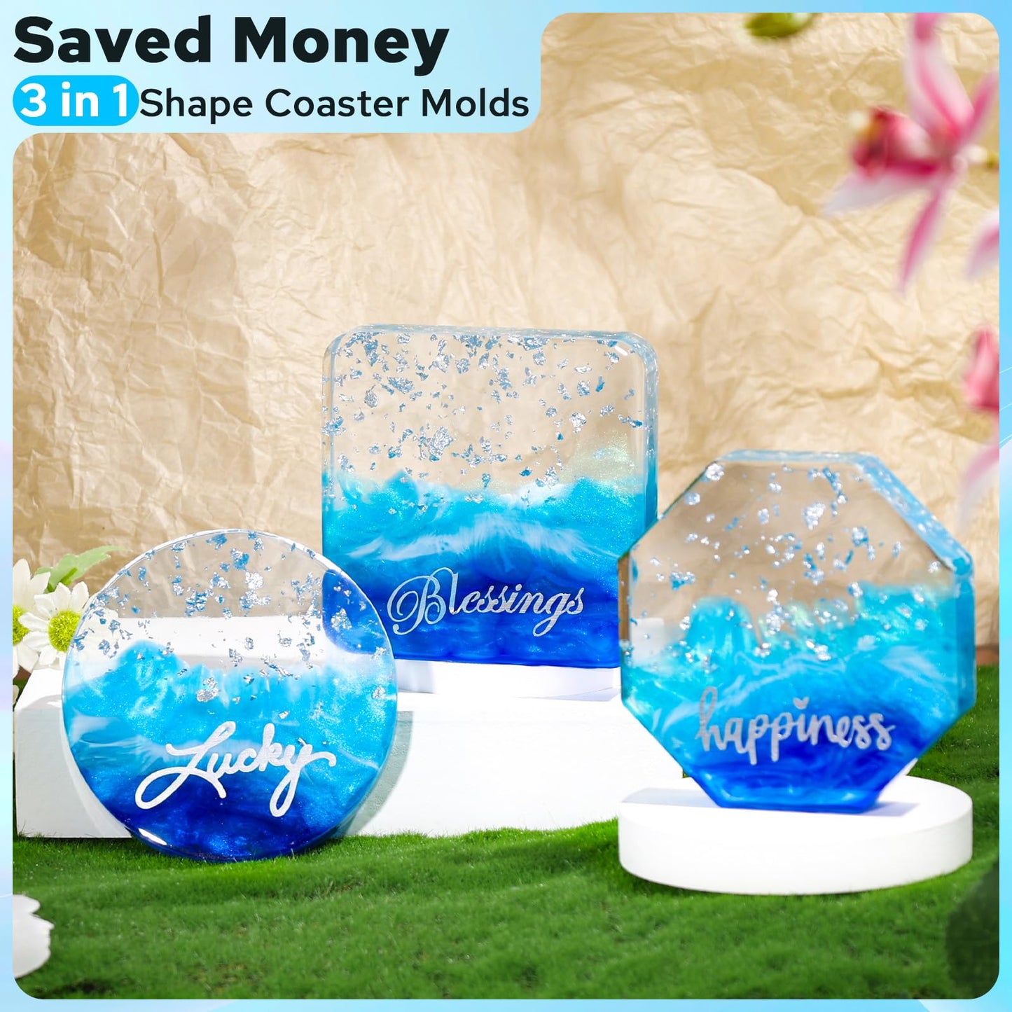 LET'S RESIN Extra Deep Coaster Resin Molds, 6 Cavity Round/Square/Octagon Shape Silicone Molds for Epoxy Resin, Flower Preservation, DIY Art Craft Cup Mats