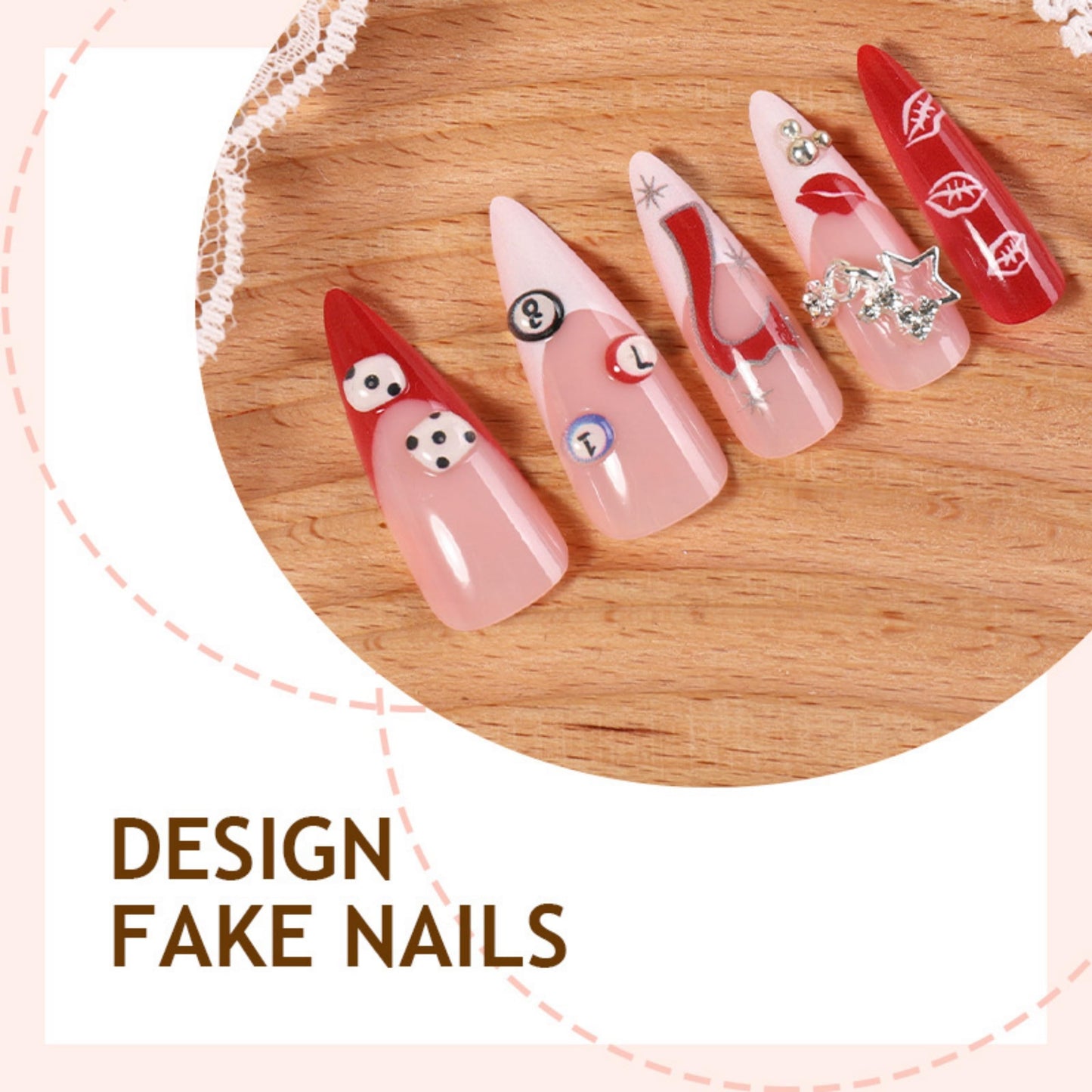 Stiletto Press on Nails Long Fake Nails Red Acrylic Nail Press ons Seeneey Poker Seven Designs Silver Charm Stick on Nail for Women 24pcs
