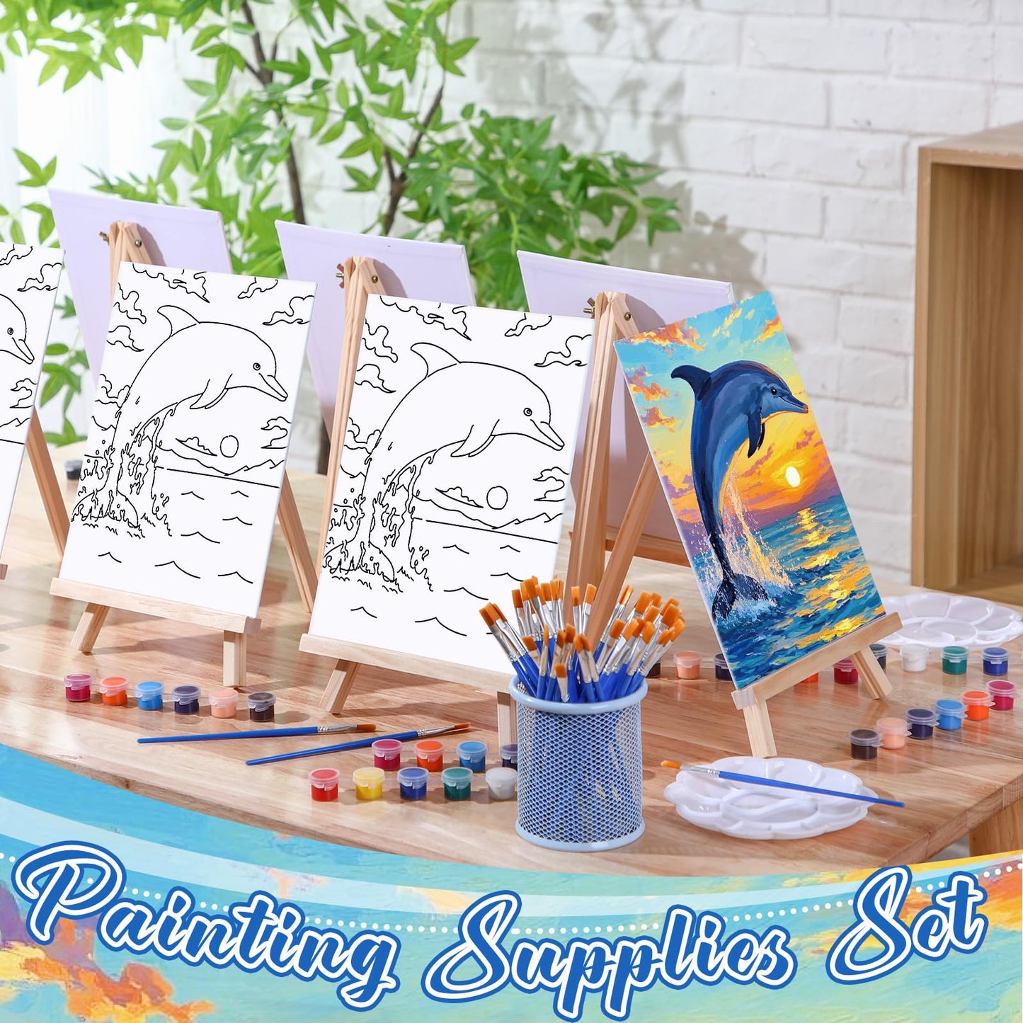 Motipuns 6 Set Pre Drawn Canvas for Painting for Adults Sip and Paint Kit with Easels 8 x 10 Inches Paint Party Kit with Printed Canvas Paints Brushes Palette Apron(Sunset Dolphin)