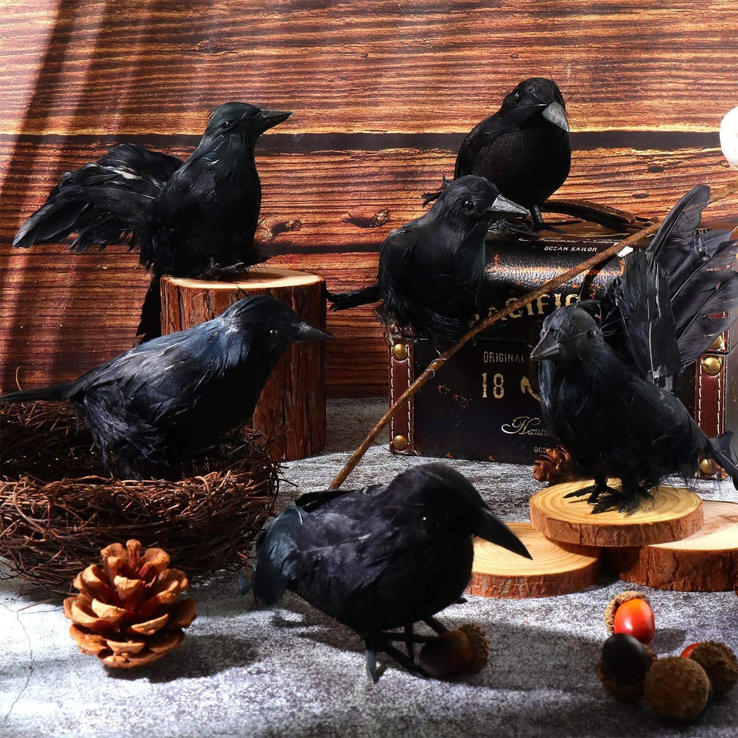 Wakdiz Halloween Realistic Black Crows 6 Pieces Handmade Feathered Crow Ravens, Fake Black Birds Prop Stand Crows for Halloween Outdoors and Indoors Crow Decoration