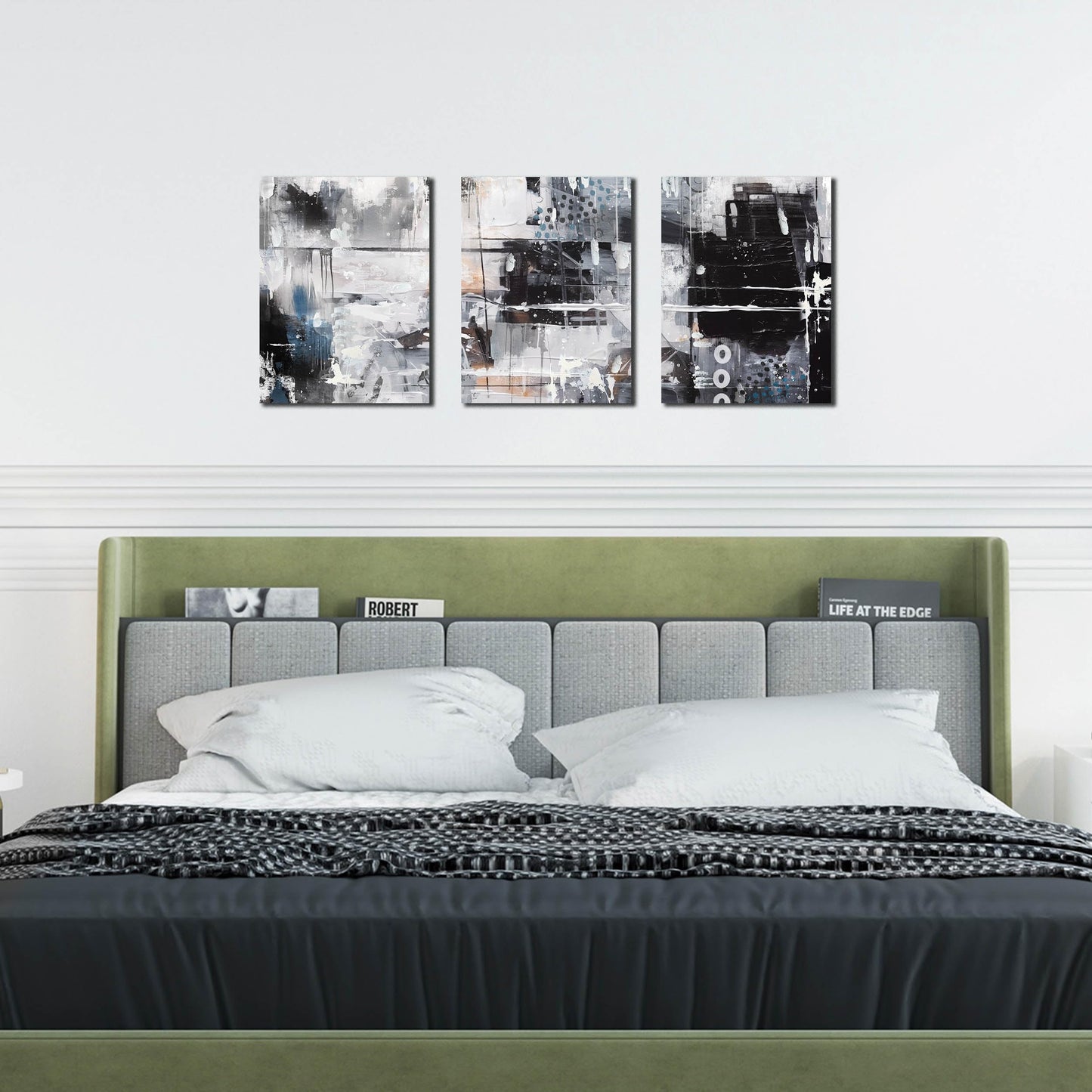 HUBOSKN Abstract Wall Art for Living Room - Modern Black and White Wall Art for Bedroom - Home Office Wall Decor Size 12" x 16" x 3 Piece