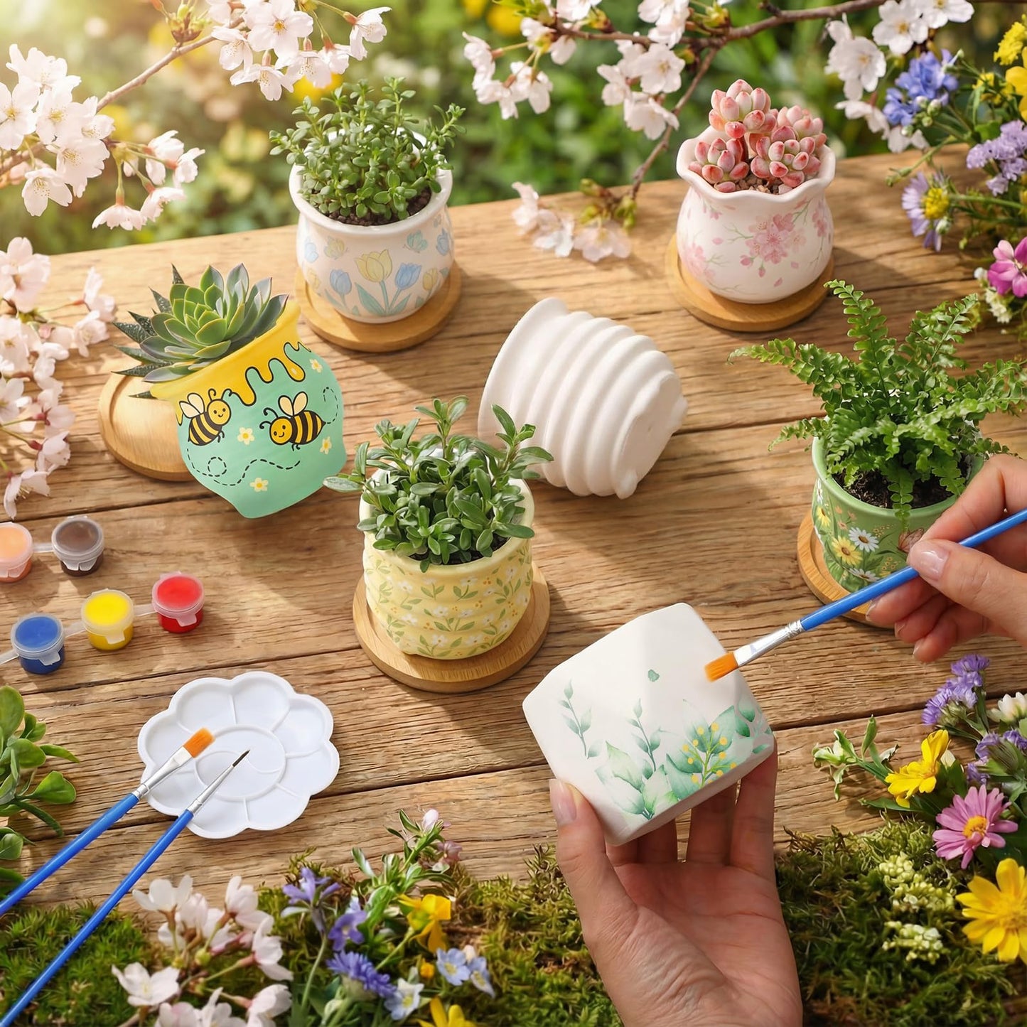 Leitee 15pcs Flower Pots 3 Inch Paint Your Own Ceramic Pot Craft Kit Ready-to-Paint Small Succulent Pots Bulk with Drainage Hole Paint Set Mini Paintable Plant Vase for Spring Birthday DIY Gift