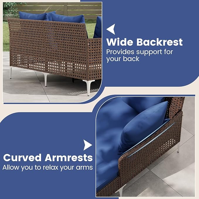 HAPPYGRILL Outdoor Patio Daybed PE Rattan Sunbed with Pillows and Cushions, Heavy-Duty Metal Frame, Outdoor Bed Lounger for Porch, Backyard and Poolside (Navy)