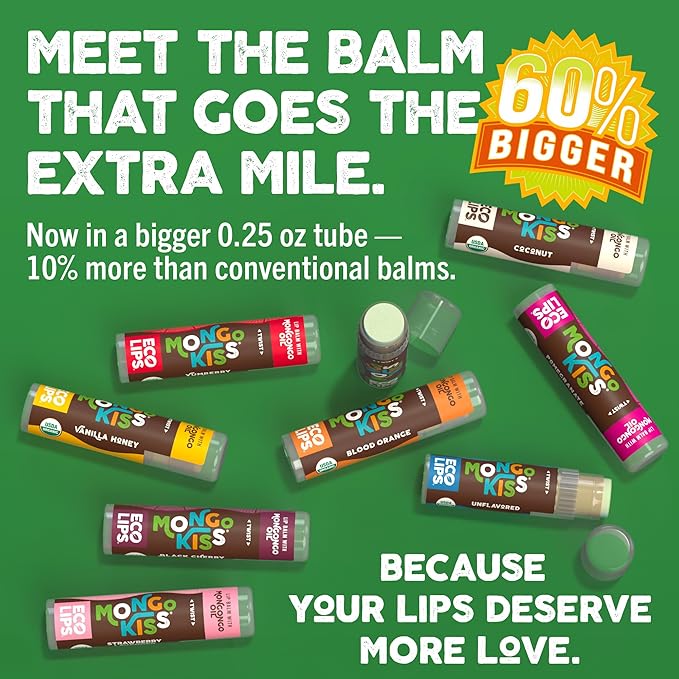 Mongo Kiss Organic Lip Balm 6-Pack by Eco Lips 100% Organic Beeswax & Cocoa Butter Lip Care with Mongongo Oil - Soothe & Moisturize Dry & Cracked Lips - Made in USA. (Pomegranate, Yumberry, Blood Oran