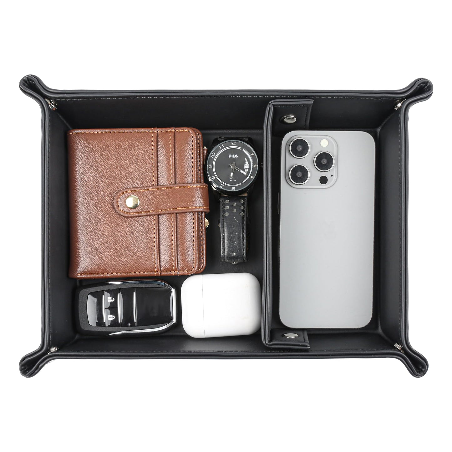 Deluxe Leather Tray Desktop Storage Organizer Watch Remote Control Jewelry Cell Phone Wallet Keychain Desktop Storage for Home, Camping Unique Gift Ideas for Men and Friends