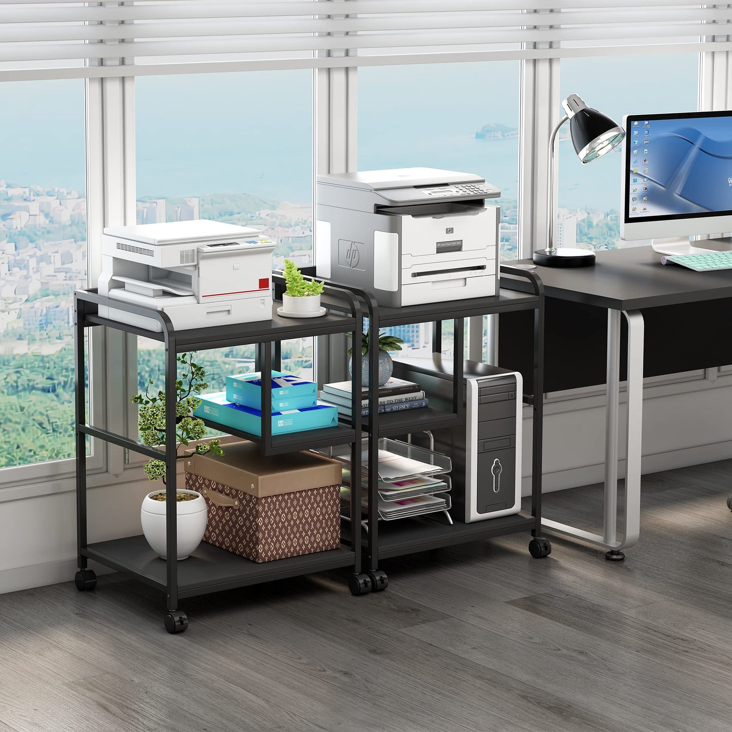 Fannova Printer Stand with Storage Shelf for Home Office Organization, 22 x 18 Inch Large Printer Table with Wheels, Shredder Stand, CPU Stand, Rolling Cart for Host Computer, PC Tower, Desktop- Black