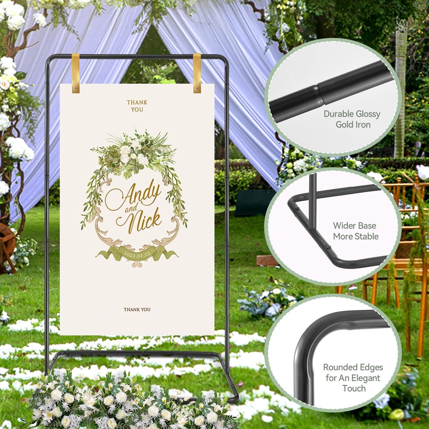 ParseBio Wedding Sign Holder, 68”x31”x 20” Adjustable Black Welcome Sign Stand with Leather Sign Hanging Straps, Sign Rack,Heavy Duty Easel for Valentines Day, Wedding Seating Chart Stand