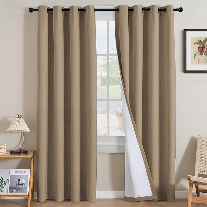 H.VERSAILTEX Linen Curtains 100% Blackout Curtains for Bedroom 84 inch Long Full Light Blocking Nature Linen Blended Window Curtains for Living Room Nickel Grommet (2 Panels, Heathered Macchiato)