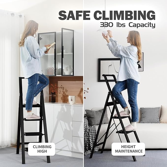 Taranta 4 Step Ladder,Liahtweight Aluminum Laddewith Handgrip, Portable Folding Stepladder with Anti-SlipPedalfor Home, Ofice, Kitchen 330lbs - Black
