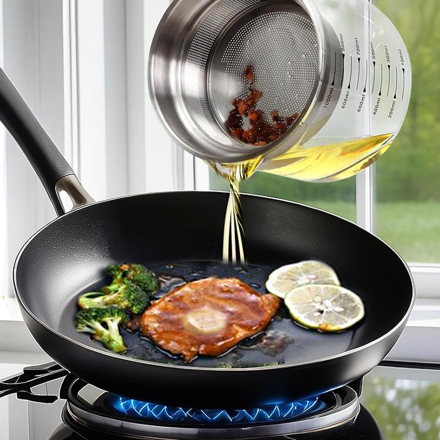 Abdodar 50oz Glass Oil Strainer Container with Fine Mesh Strainer for Bacon Grease, Nut Milk, Soy Milk, Tea Residues and All Purpose Straining (1.5L)