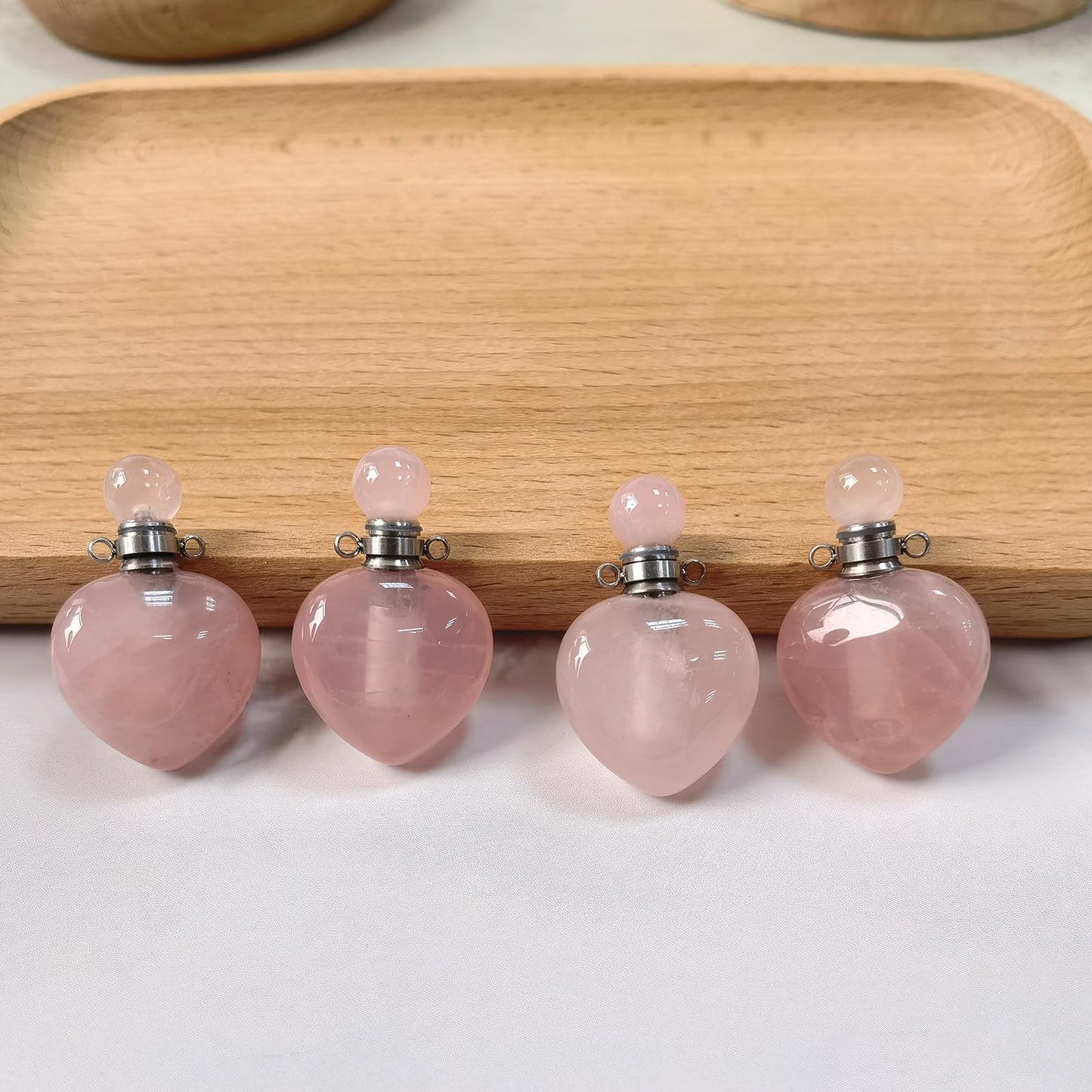 Ladywowu Rose Quartz Necklace, Heart Shape Perfume Bottle Necklace for essential oil, Silver Tone Vial Necklace for Aromatherapy Liquid