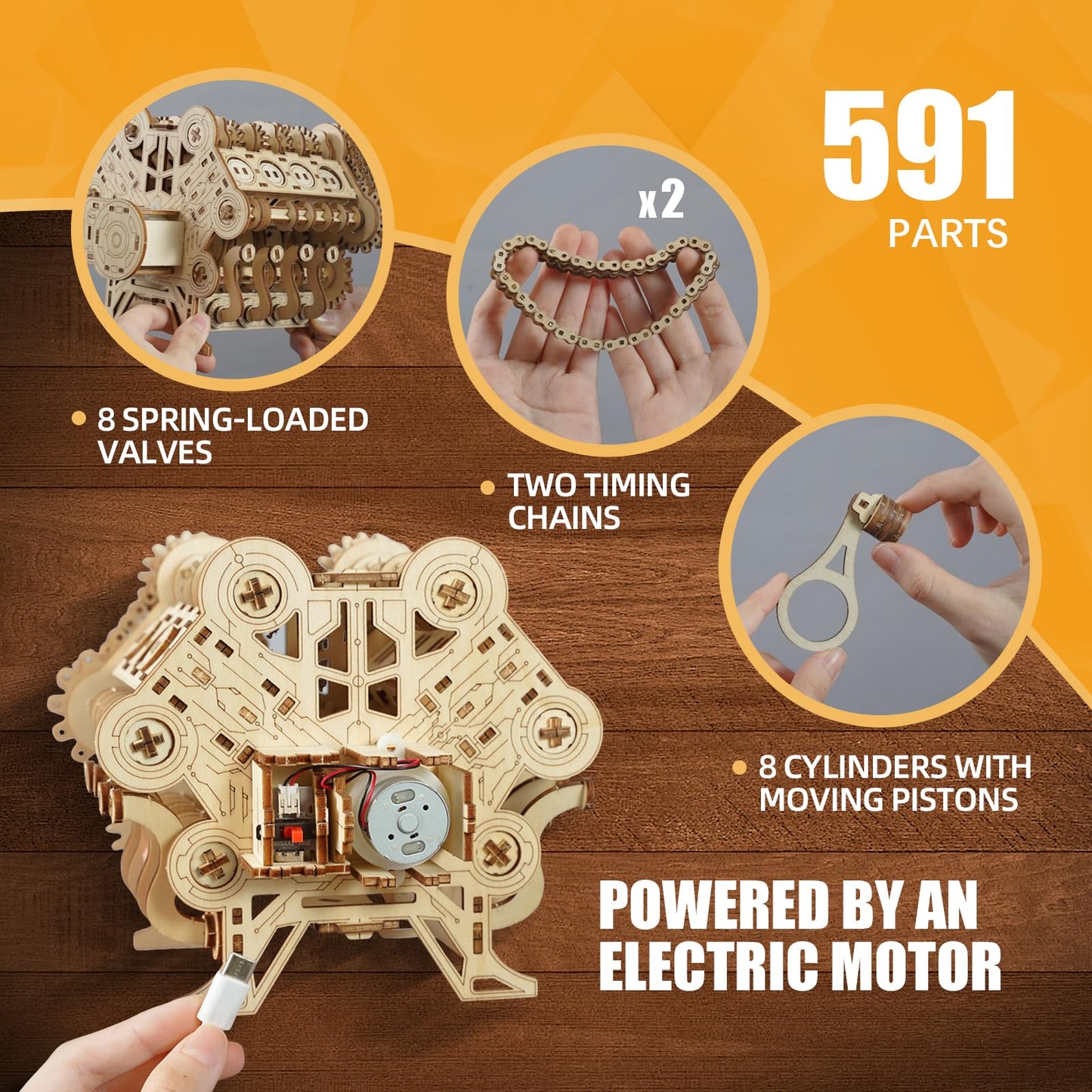 3D Puzzles for Adults - Wooden V8 Engine Model Kit, 3D Puzzle Model Engine Kit with Working Motor, DIY Kits Hobbies for Men for Men, Teen (591 Pcs)