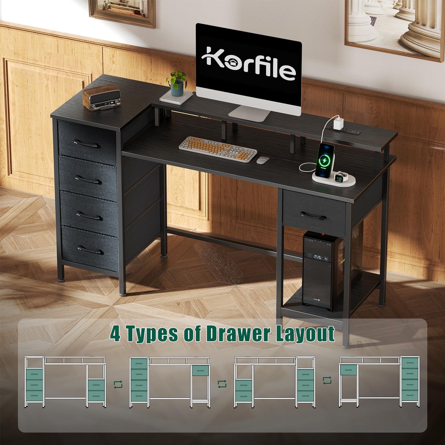 Korfile 47 Inch Gaming Desk with Power Outlets and LED Lights, Reversible Computer Desk with 5 Fabric Storage Drawers, Home Office Desk with Monitor Stand for Working Writing Study, Black
