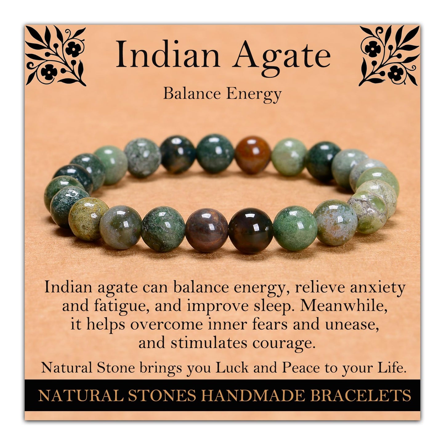 Handmade Natural Gemstone Elastic Bracelet - Healing Crystal Beads Jewelry, Unisex (Indian Agate, 8mm)