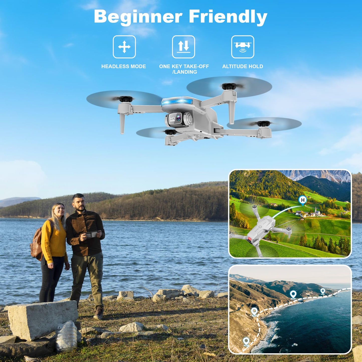 Drone with 1080P Camera - Foldable Remote Control Quadcopter with Gesture Control, 3D Flip, One Key Start, Emergency Stop, 2 Batteries, Easier to use, Toy for Adults Beginners, Grey