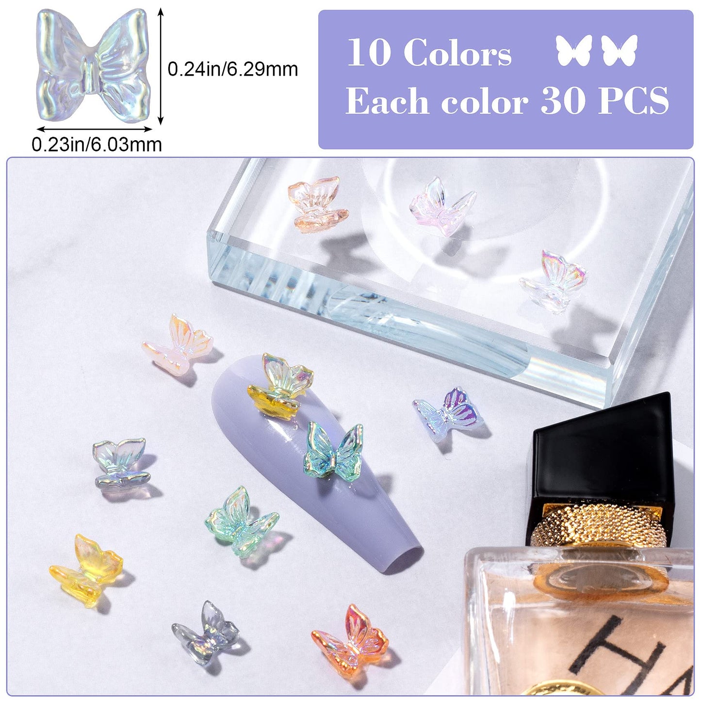 OIIKI 300pcs Cute 3D Butterfly Nail Charm, Glitter Charm for Nails Art, Resin Art Decorations Ornaments Gems for Acrylic DIY Craft Design Manicure Accessories