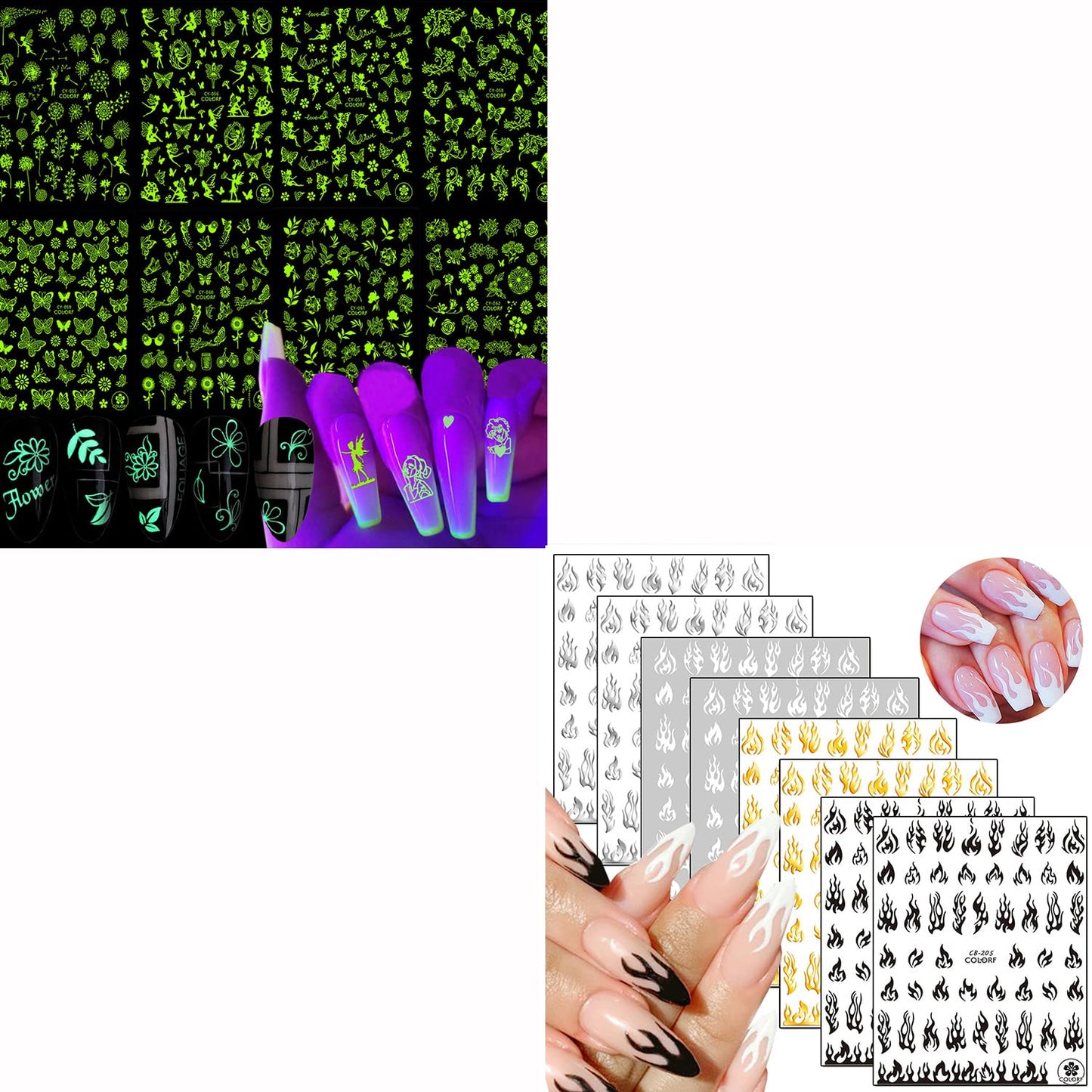 8 Sheets Luminous Nail Stickers and 8 Sheets Flame Nail Stickers