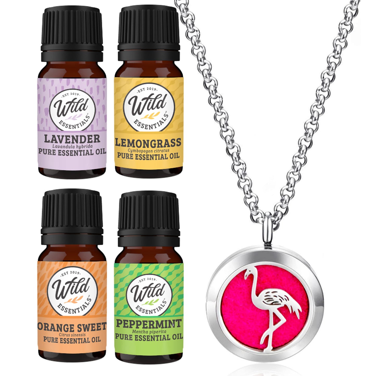 Wild Essentials Flamingo Necklace Essential Oil Diffuser Kit with Lavender, Lemongrass, Peppermint, Orange Oils, 12 Refill Pads, Calming Aromatherapy Gift Set, Customizable Color Changing, Perfume