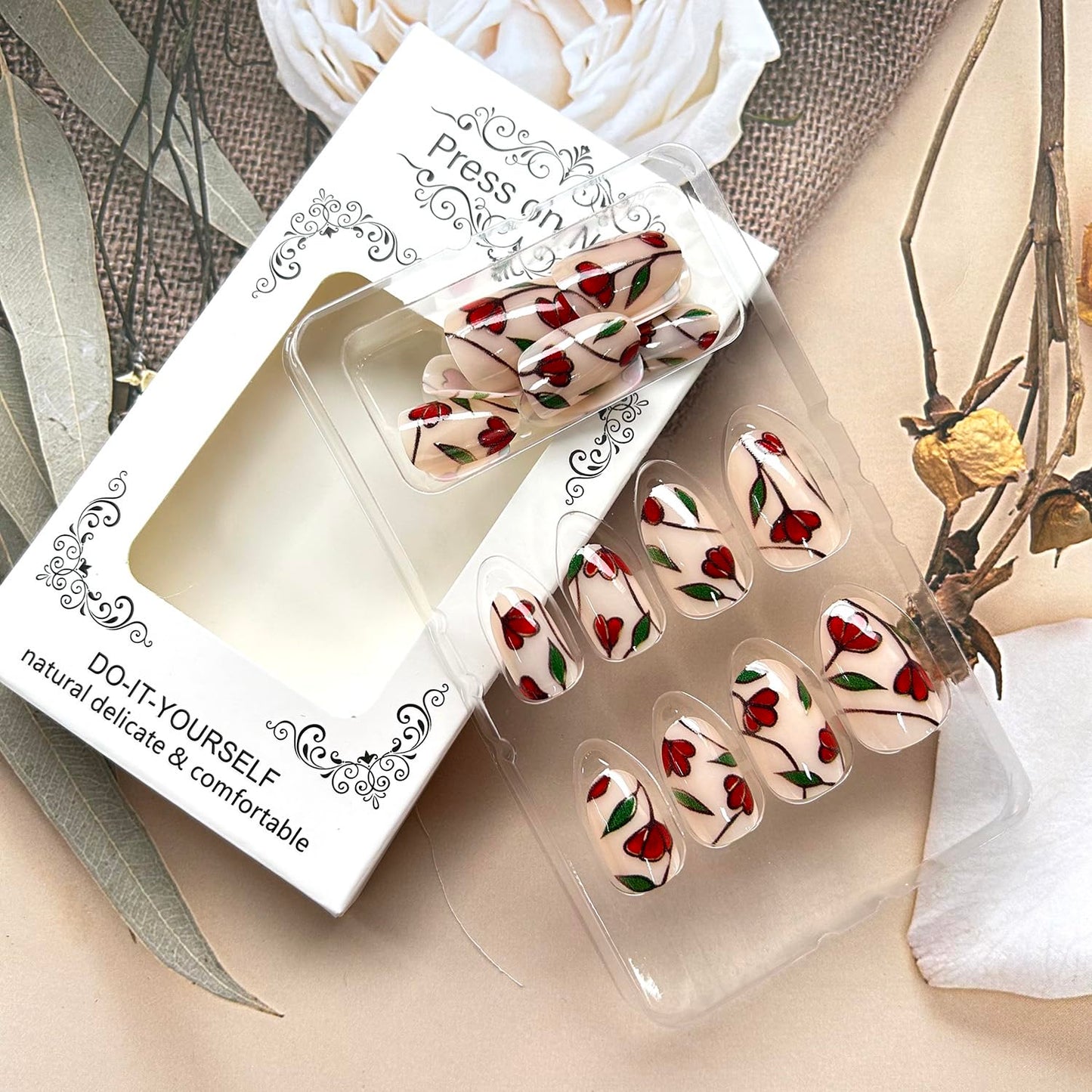 TBRZTR Flower Press on Nails Medium Almond Shaped Red Floral Pattern Design Full Cover Glossy Almond False Nail Reusable Artificial Acrylic Nail DIY Press Ons Stick on Nails for Women 24Pcs