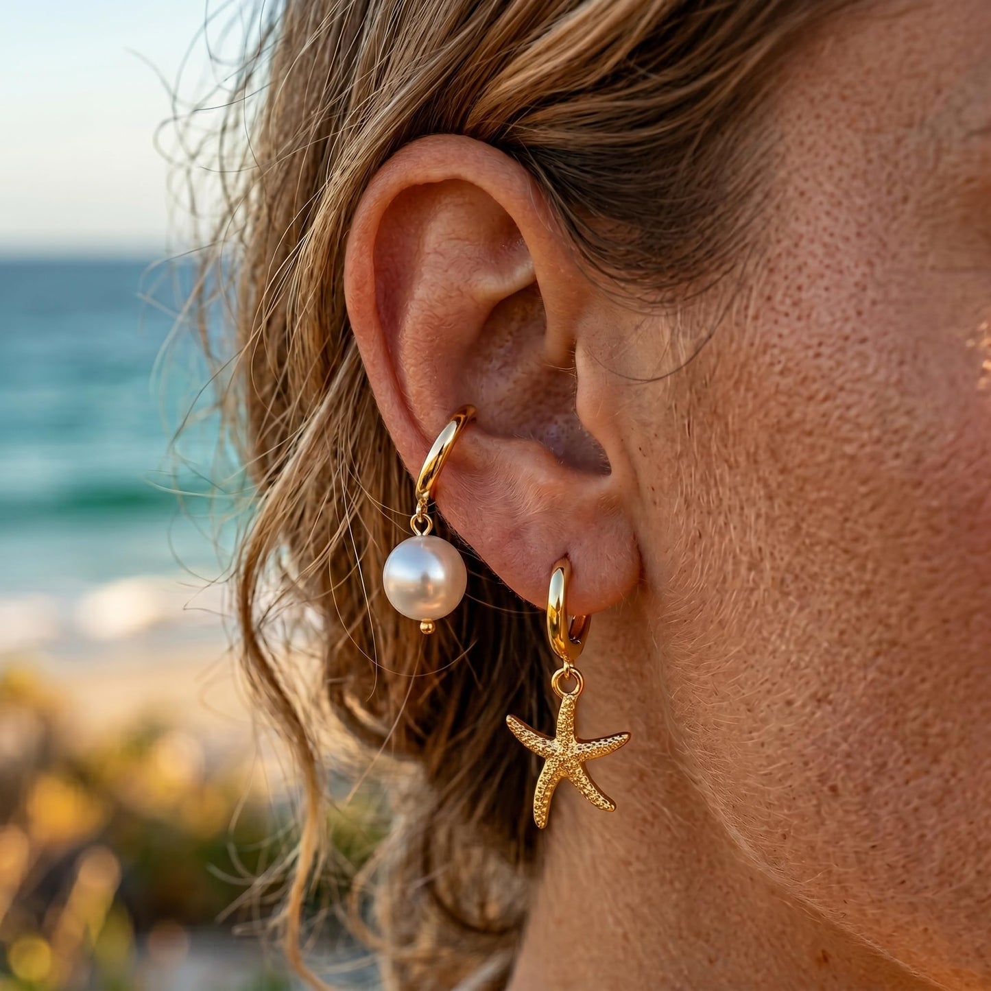 ZYIJUNY 4 Pairs Huggie Hoop Beachy Earrings Set for Women, 14K Gold Plated Ocean Elements Hoop Dangle Drop Earring - Shell/Starfish/Conch/Pearl Earrings- Minimalist Summer Beach Jewelry Gift