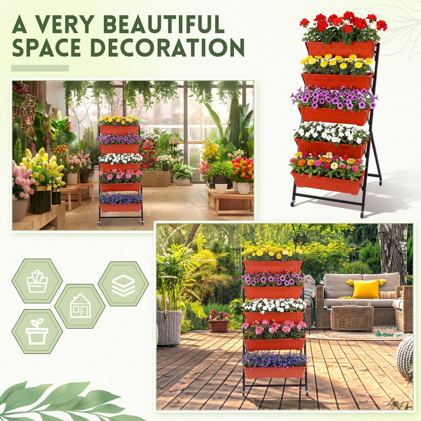 Briwooody 2 Pack 5 Tier Vertical Garden Planter with Wheels 4.5 ft Raised Garden Bed for Strawberry Herb Vegetable Flower Stackable Planter Boxes with Drainage for Patio Indoor Outdoor(Brick Red)