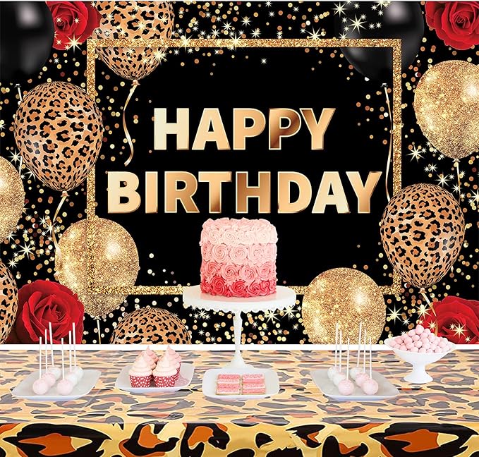 Homewelle Leopard Print Happy Birthday Backdrop Black Gold Red Cheetah Print Banner for Woman Men Polyester Fabric 7Wx5H Balloon Rose Cool Party Celebration Photography Background Photo Shoot Props