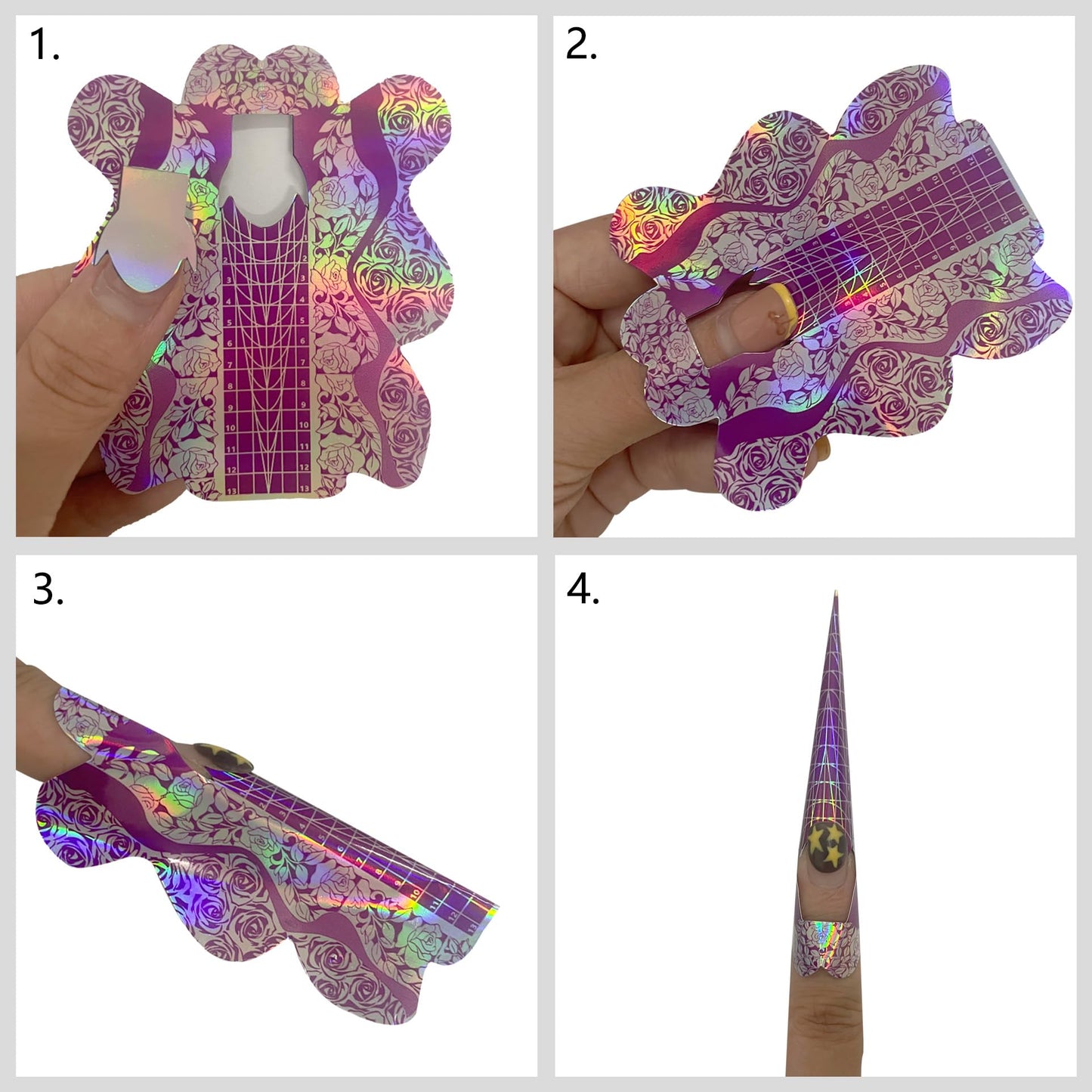 BeautyLeader 500 PCS Nail Forms Long Self-Adhesive Nail Art Tip Shape Guide Stickers Laser Purple Color Nail Extension Nail Tips Guide Stencil Manicure Tool