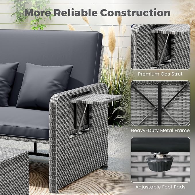 HAPPYGRILL Patio Rattan Wicker Daybed with Loveseat & Storage Ottoman, Outdoor Lounge Sofa Furniture Set with Adjustable Backrest & Side Trays, for Poolside Deck Porch Lawn (Mix Grey & Grey)