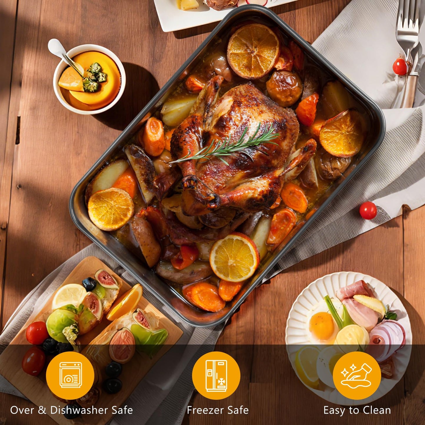 Roasting Pan with Rack, 15.75x11.02’’ Baking Pan for Oven with Rack & Silicon Hand Clip & Oilbrush, Heavy Duty Dishwasher Safe Rectangular Lasagna Pan with Handle for Turkey, Dark Grey