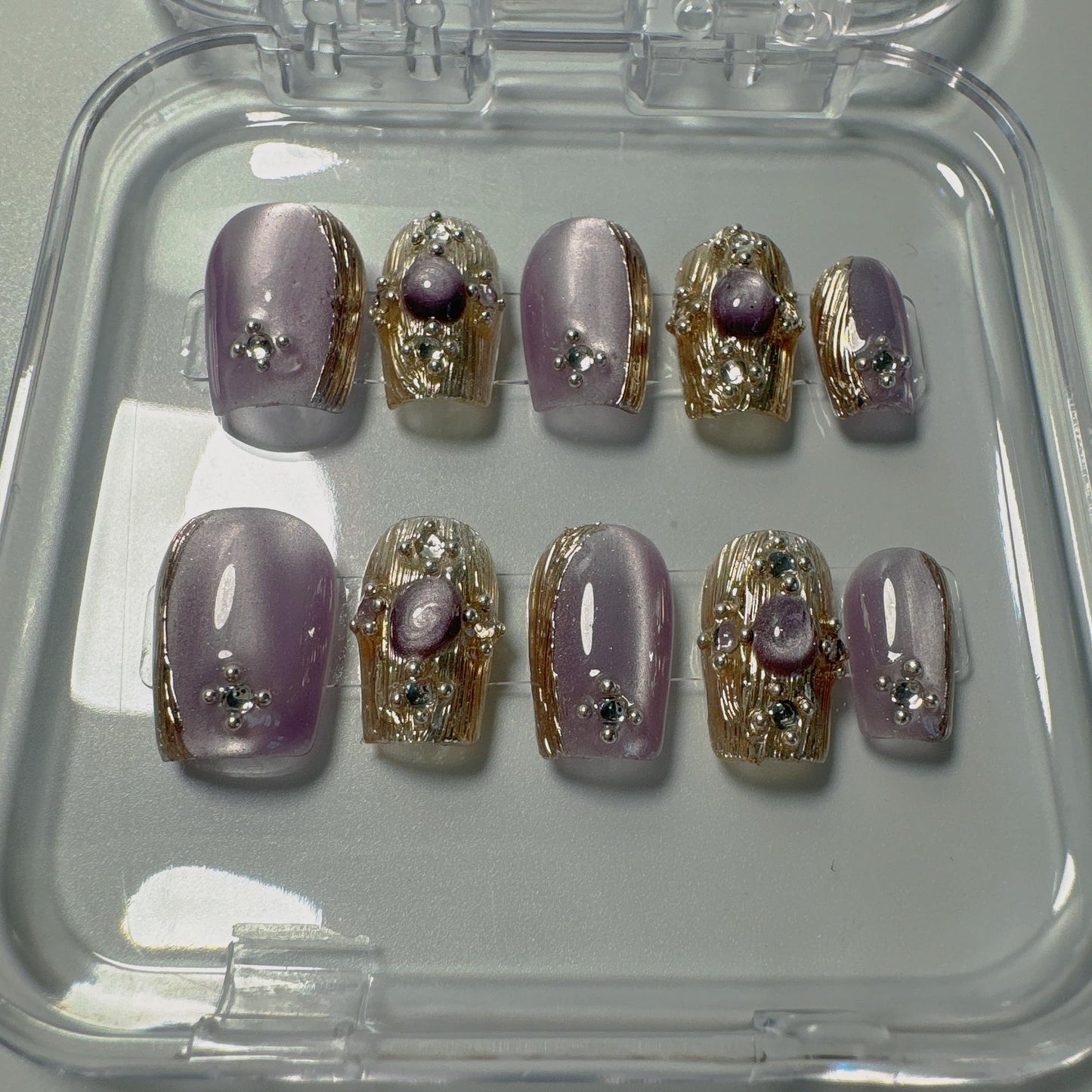 NLSJMP,Handmade Short square Press on Nails,Luxury Design Nail Art Kit,Acrylic Fake Nails Kit,Reusable False nails,Include Toolkit,10pcs,Purple,Size M
