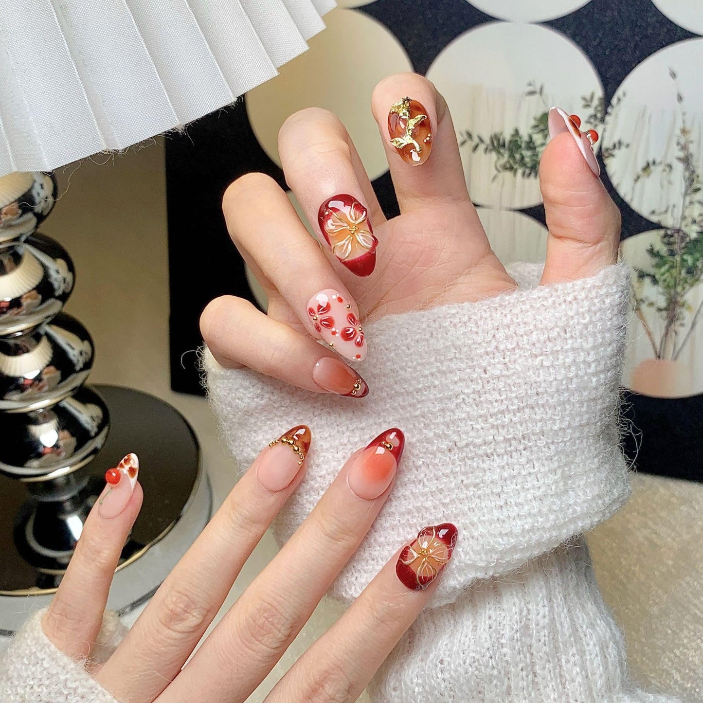 Almond Press on Nails Medium - Handmade Fake Nails with 3D Gold Flower Design - Winter Cherry Full Cover Glue on False Nails for Women - (Size S)