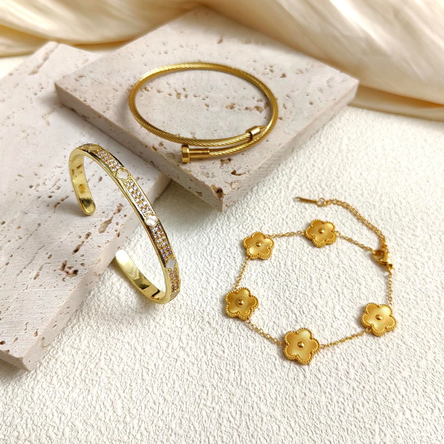 Nail Bracelets set for Women 3Pcs Stackable Love Bangle 18K Gold Plated Clovers Bracelet Floral Bracelet Set Trendy Gifts for Women
