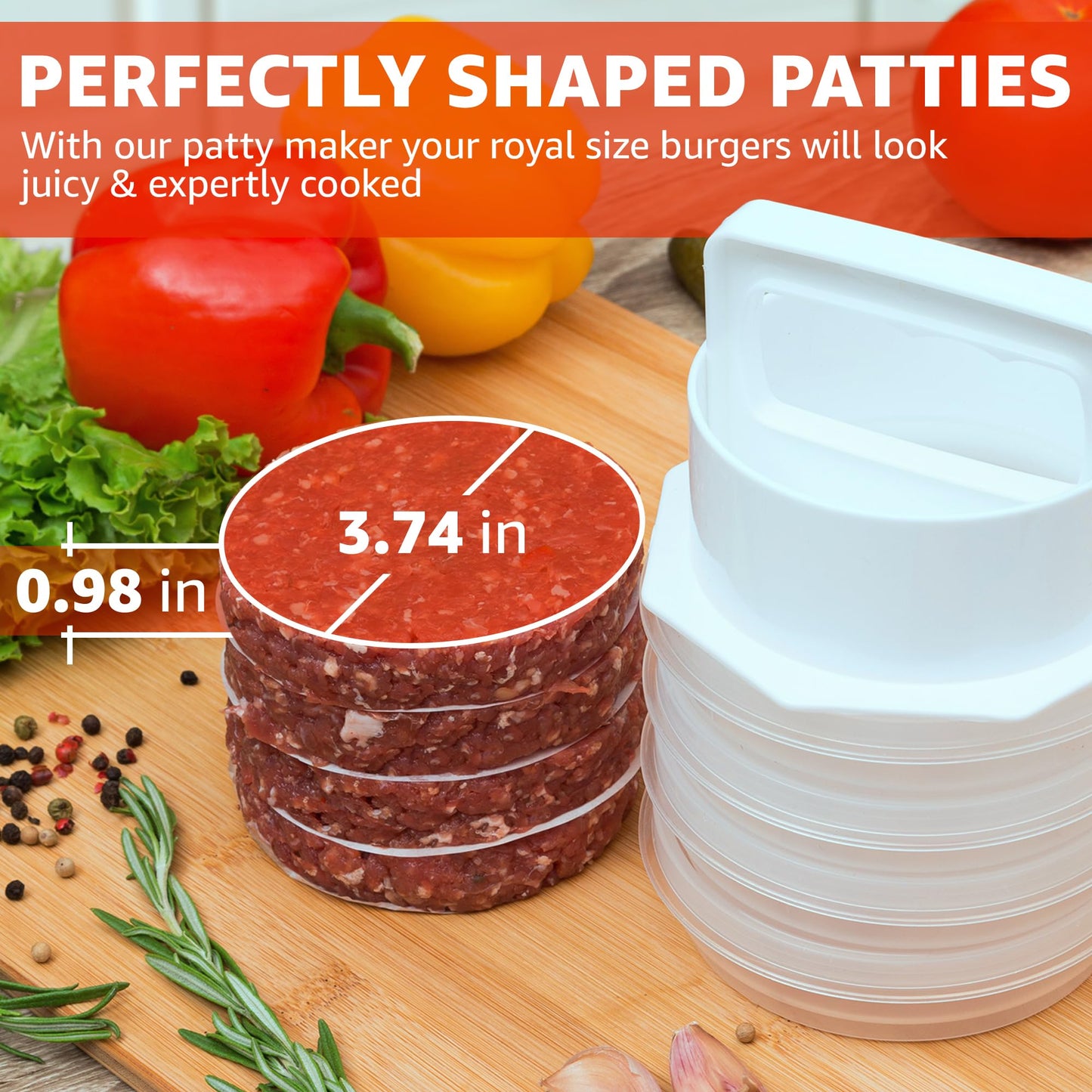 Mission Gallery Hamburger Press Patty Maker - 4 in1, Burger Mold, Patty Press, 7 Storage Containers, 100 Round Papers - Hamburger Patty Maker Tool for BBQ - Burger Shaper for Meat, Veggie Patties