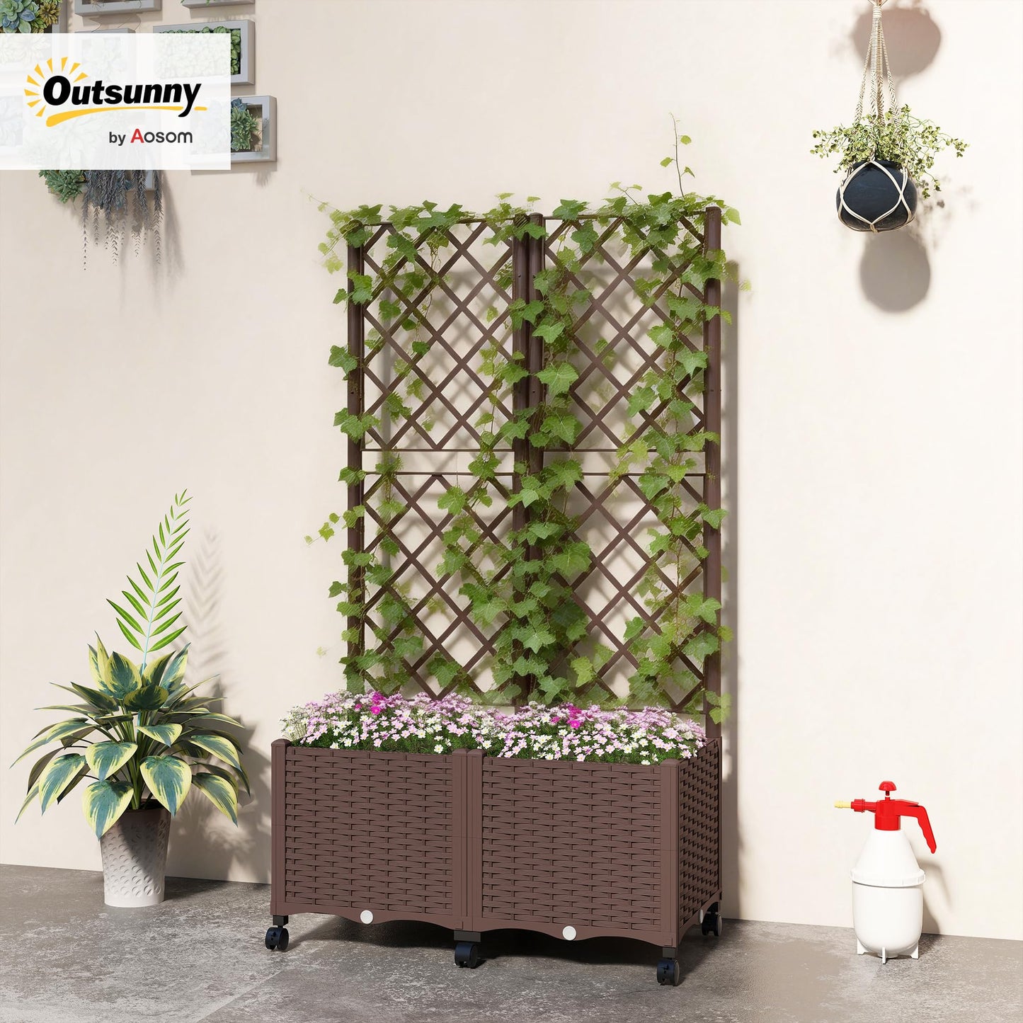 Outsunny Planter Box with Trellis, Self Watering Raised Garden Bed with Lockable Wheels, Privacy Trellis Planter with Drainage Holes for Climbing Plants, Vegetables, Flowers, 56.3", Brown