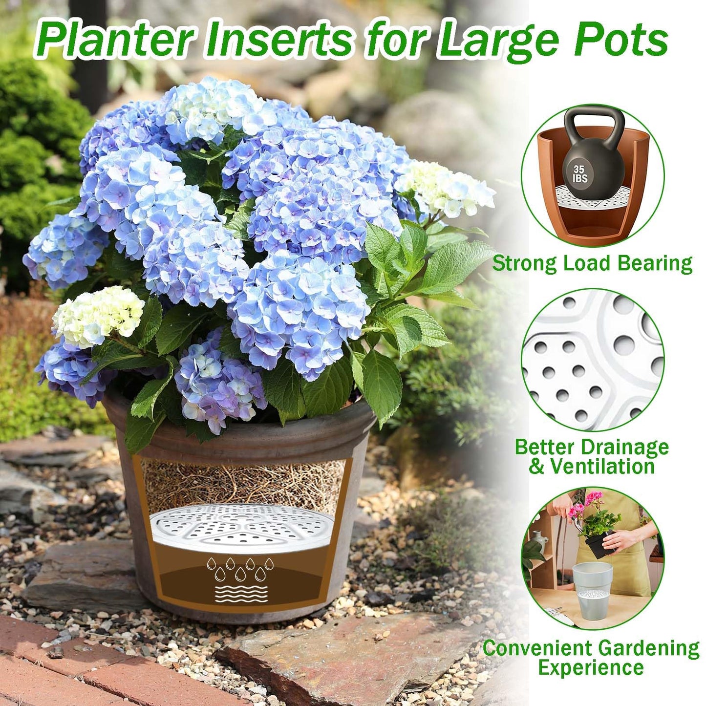 3PCS Round Planter Inserts for Large Tall Pots, 18" Stainless Steel Flower Pot Lift Insert Portable Planter Accessories Circular Plant Risers for Inside Pots with Drainage Hole, Use Less Potting Soil